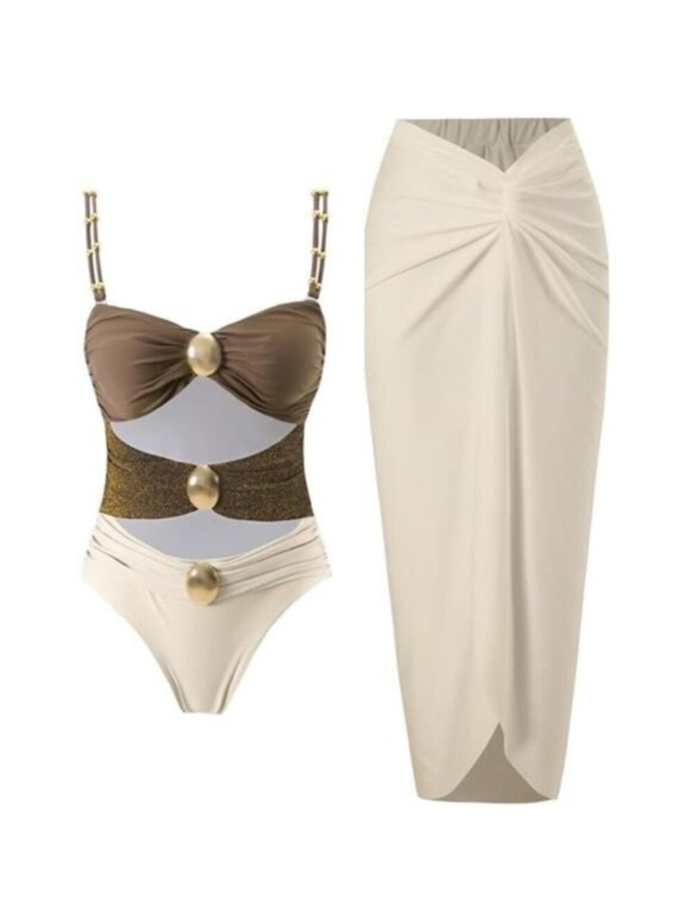 Women's One Piece Swimsuit with Cover up Set Beach Wrap Skirt Retro Bikini Set